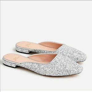 J. Crew NIB Silver Glitter Carolyn Mules Slides